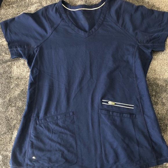 *TWO* medium navy healing hands style UT2284 scrub tops, worn but no seam issues - Picture 3 of 4